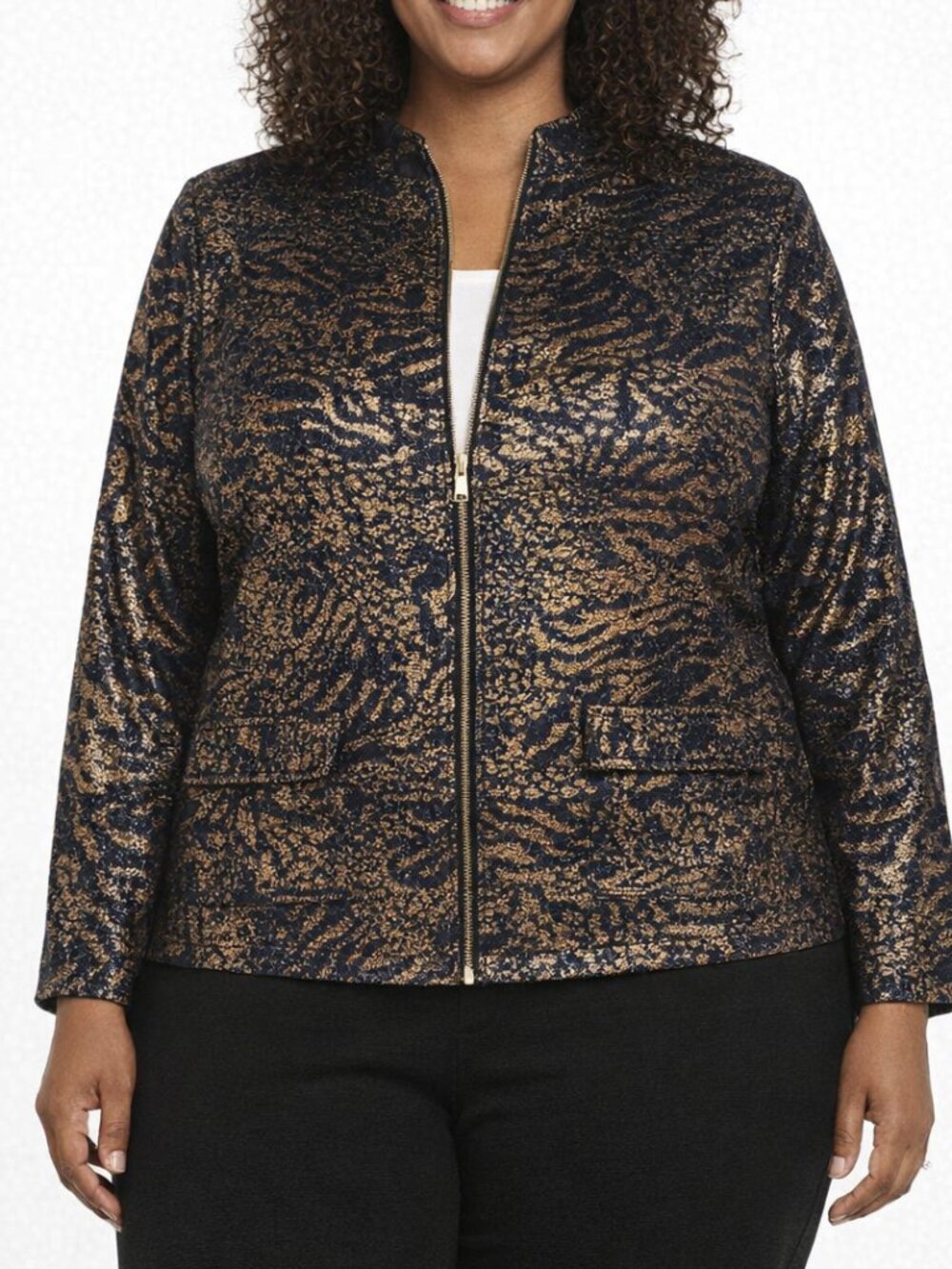 Alfred Dunner Metallic Navy Gold Foil Animal Print Zip-up 18W Knit Jacket